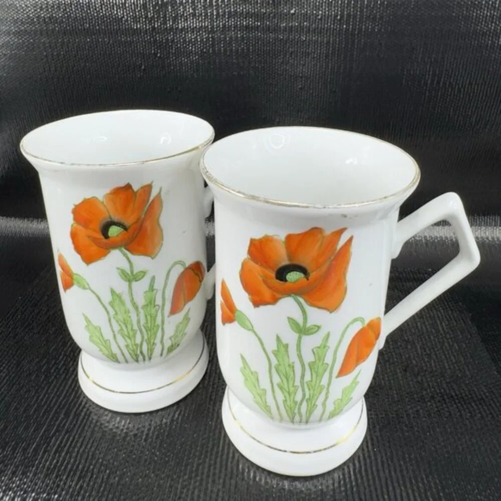 Vintage German‎ Fine Porcelain Pedestal Cup Mug Poppy Red Flower Pattern Set 2